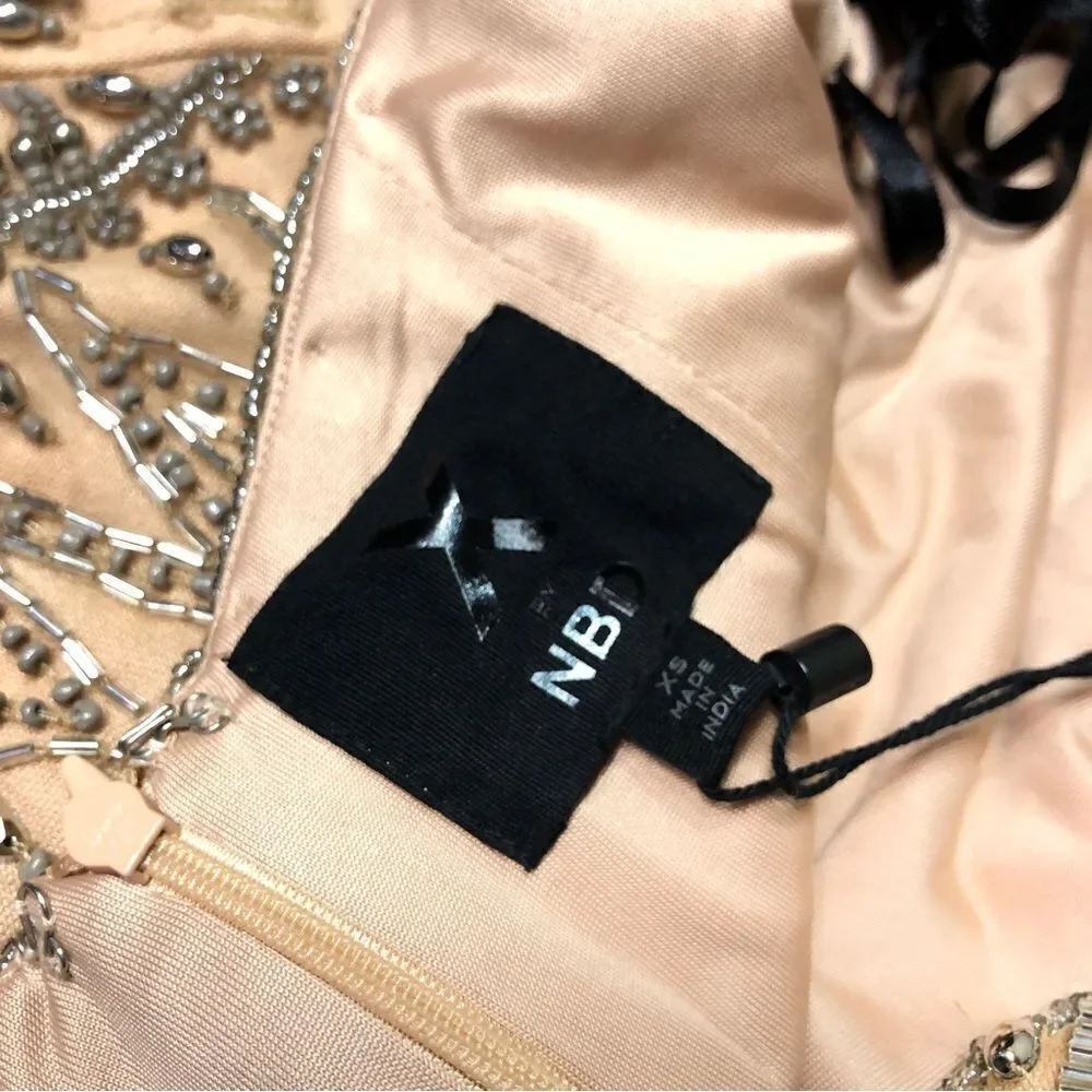 X by NBD Pandora Romper Champagne Allover Beading Plunging Lace Up Festival - Picture 12 of 15